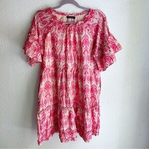 La Plage Pink Ikat Ruffle Cotton Dress sz Large Resortwear